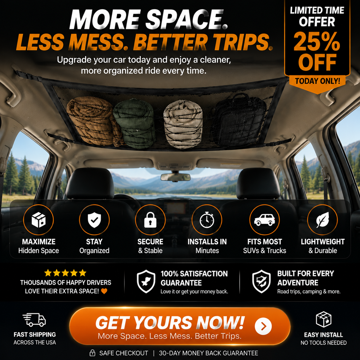 π Car Ceiling Cargo Net | Hidden Roof Storage Organizer