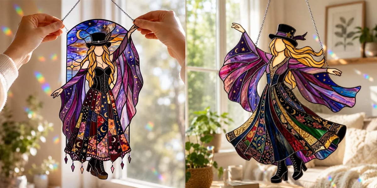💃 70s Rock Witch🤘 Handmade Stained Glass Spinning Suncatcher