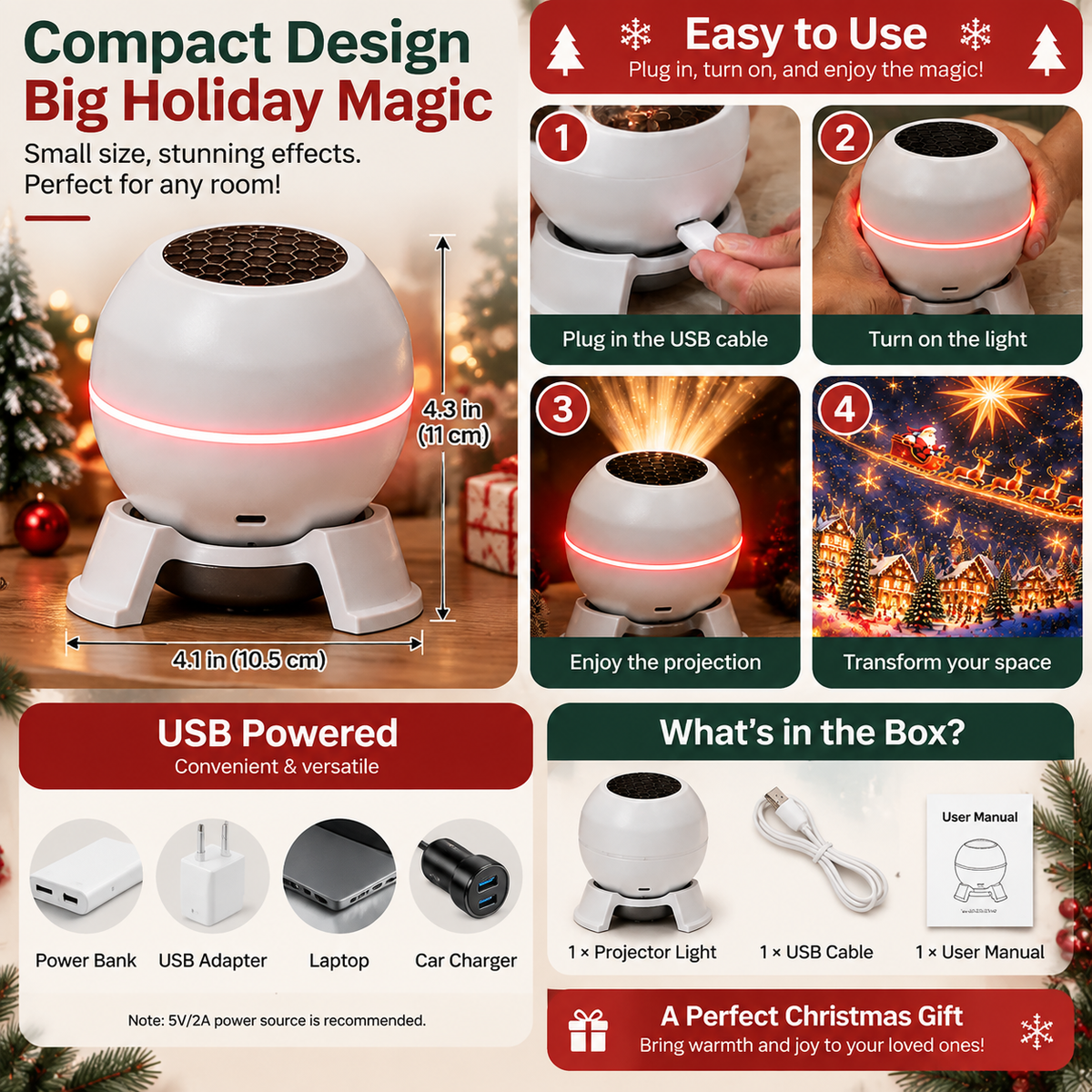 π Magical Christmas Projection Night Light