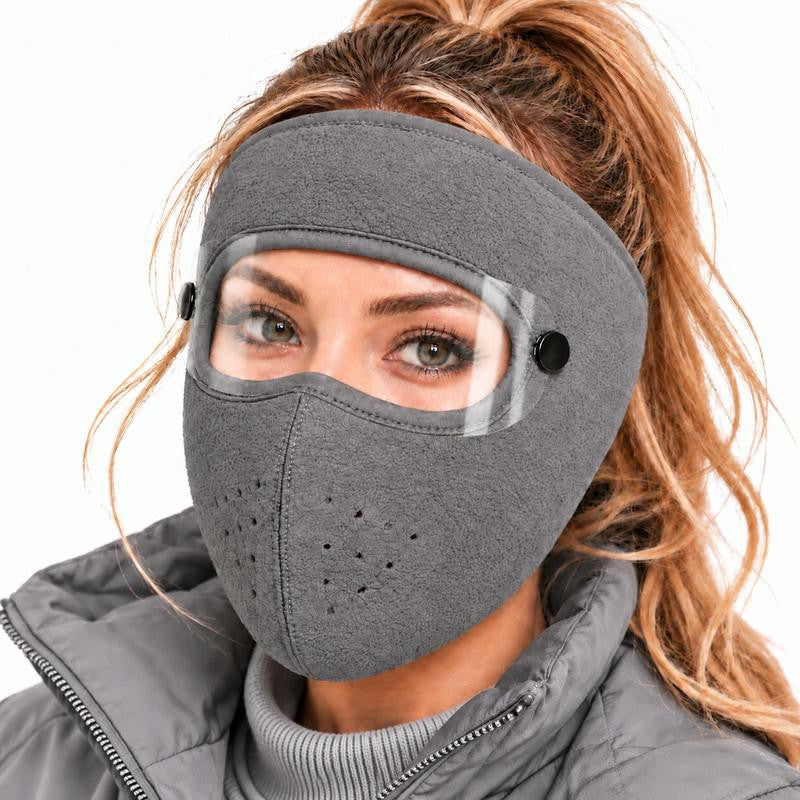 Grey(Short) fleece-lined winter face mask with detachable goggles
