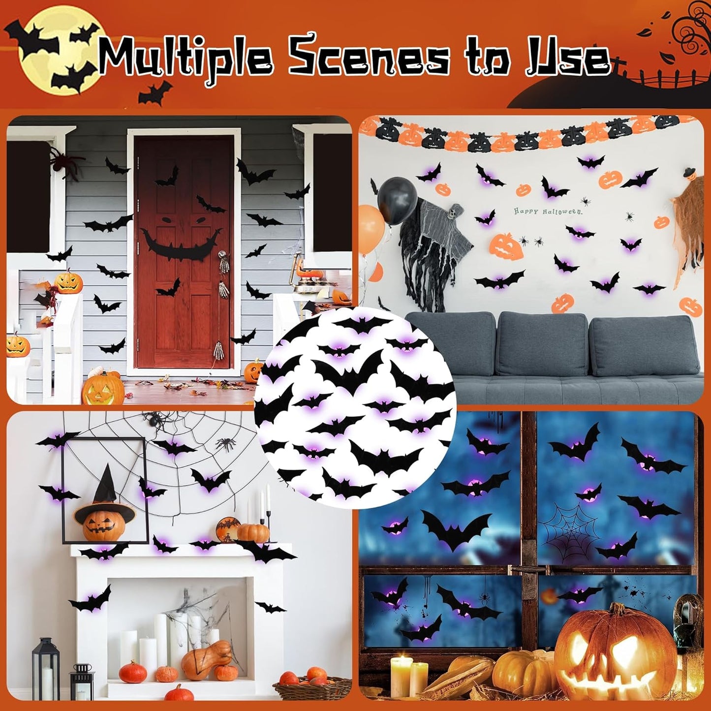 Halloween Bats Wall Decor with Lights – 3D Spooky Stickers for Home