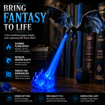 3D Fire-Breathing Dragon LED Display – Fantasy Bookshelf Decor with Glowing Flame