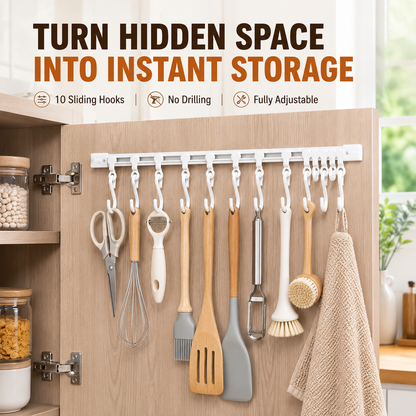No-Drill Sliding Rail Hook Organizer – 10 Adjustable Cabinet Hooks