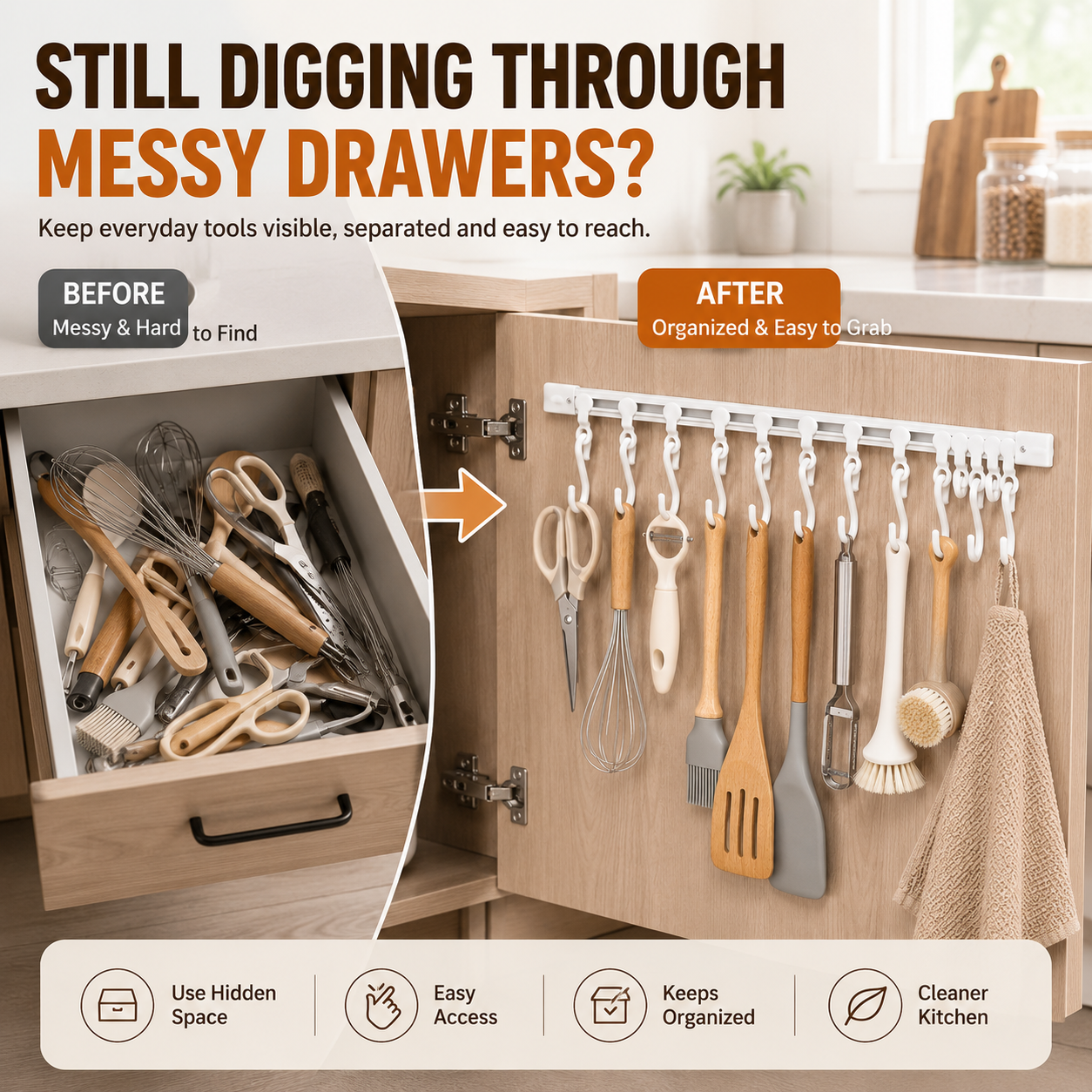 No-Drill Sliding Rail Hook Organizer – 10 Adjustable Cabinet Hooks