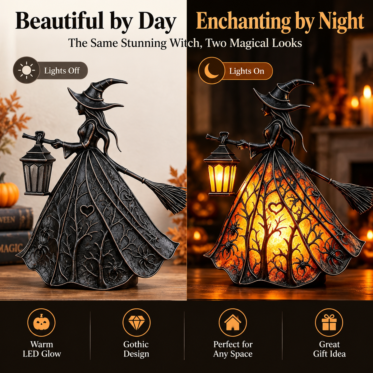 7-Inch Lighted Gothic Witch Lantern – Warm LED Halloween Figurine for Mantel, Shelf & Table Decor