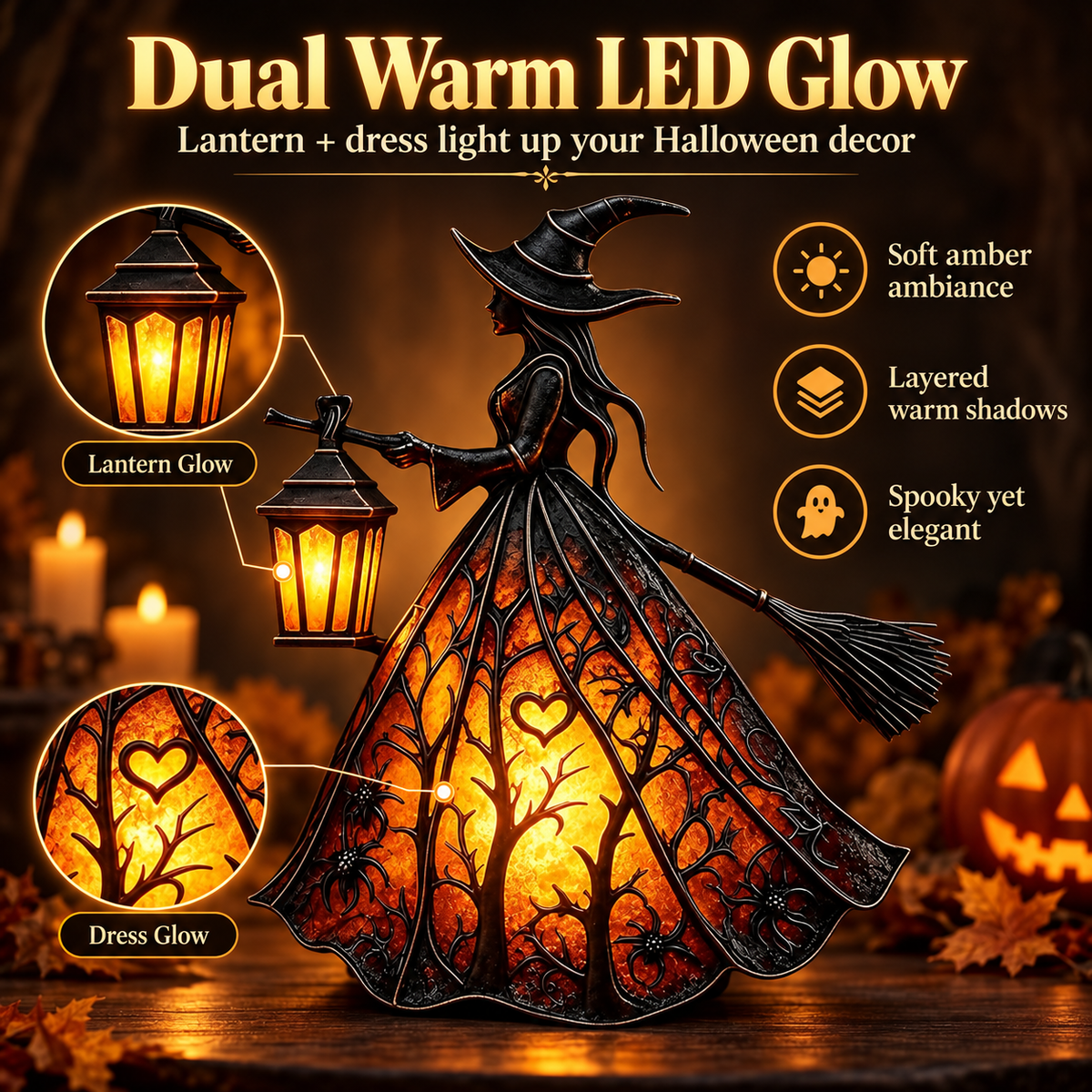 7-Inch Lighted Gothic Witch Lantern – Warm LED Halloween Figurine for Mantel, Shelf & Table Decor