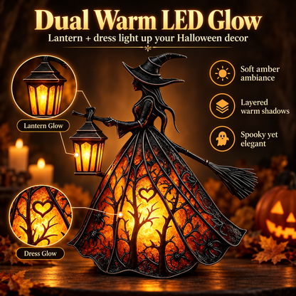 7-Inch Lighted Gothic Witch Lantern – Warm LED Halloween Figurine for Mantel, Shelf & Table Decor