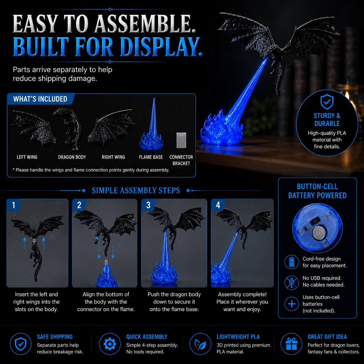 3D Fire-Breathing Dragon LED Display – Fantasy Bookshelf Decor with Glowing Flame