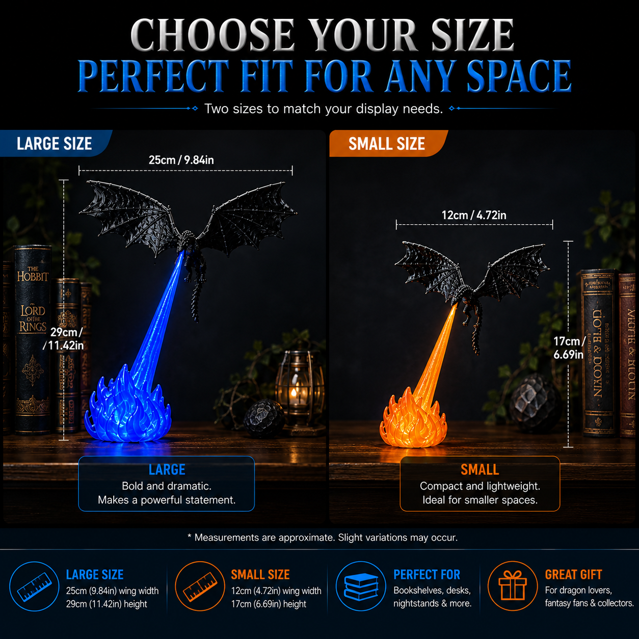 3D Fire-Breathing Dragon LED Display – Fantasy Bookshelf Decor with Glowing Flame