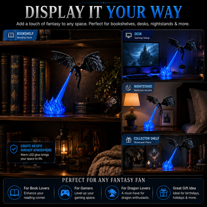 3D Fire-Breathing Dragon LED Display – Fantasy Bookshelf Decor with Glowing Flame