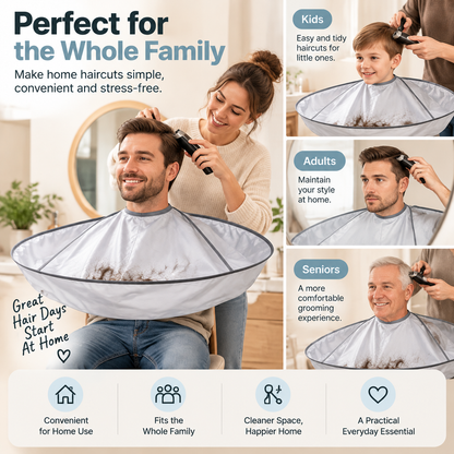 Umbrella‑Style Hair Cutting Cape with Memory Steel Ring for Home Grooming