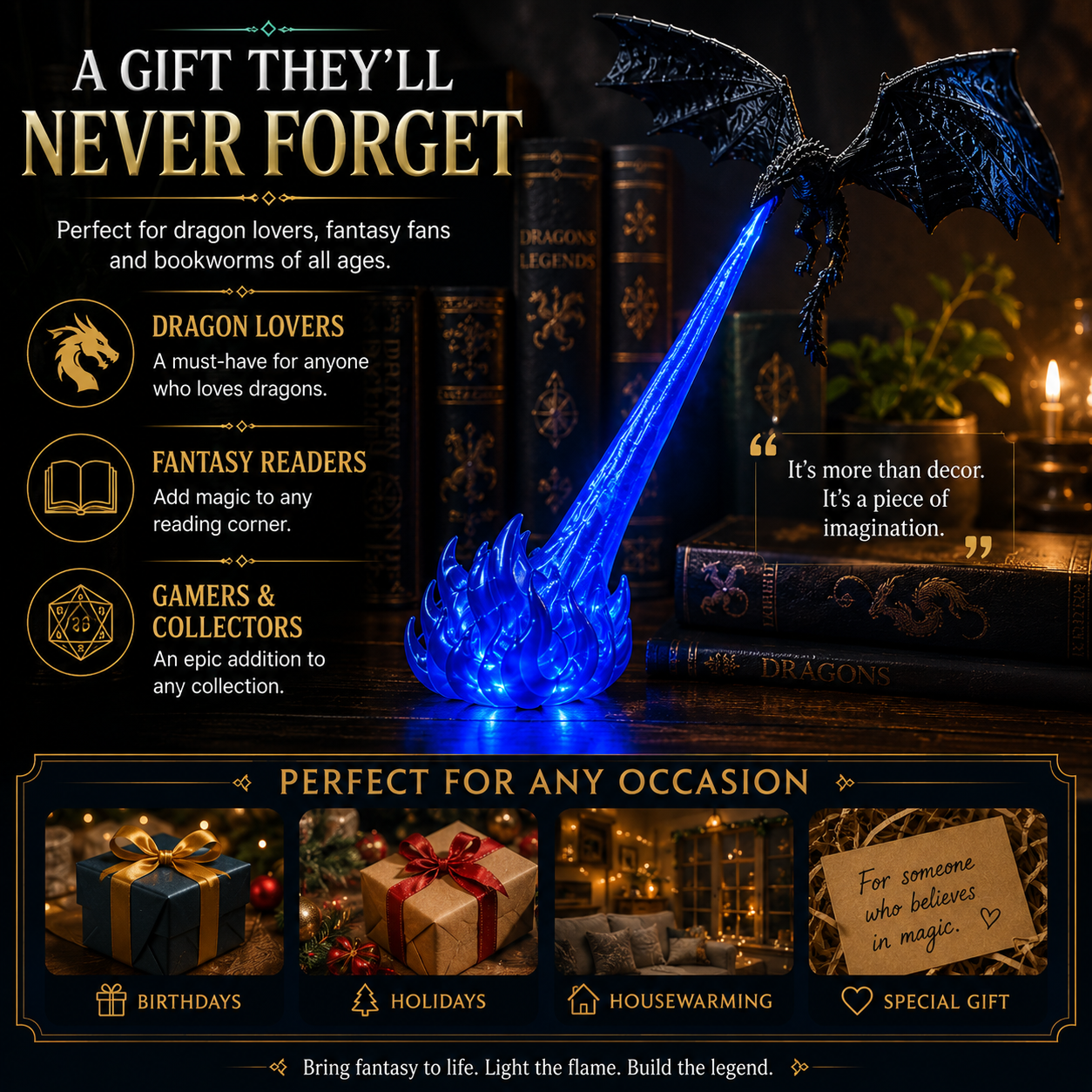 3D Fire-Breathing Dragon LED Display – Fantasy Bookshelf Decor with Glowing Flame