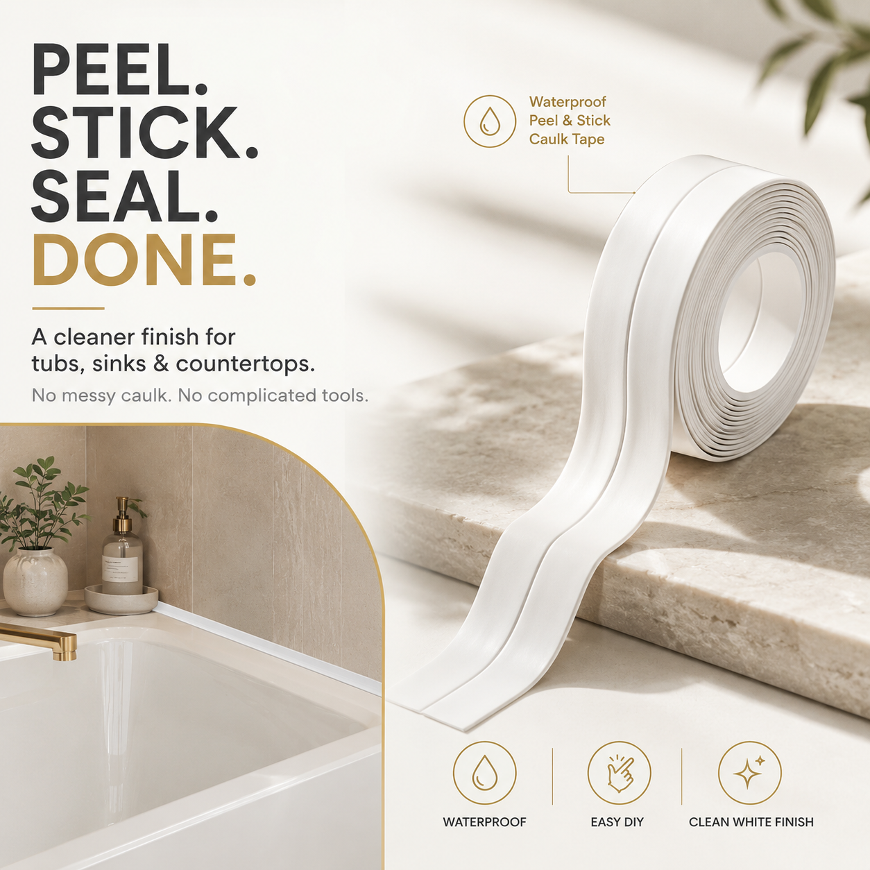 💧 Waterproof Peel & Stick Caulk Tape – Instant Bathroom & Kitchen Edge Refresh