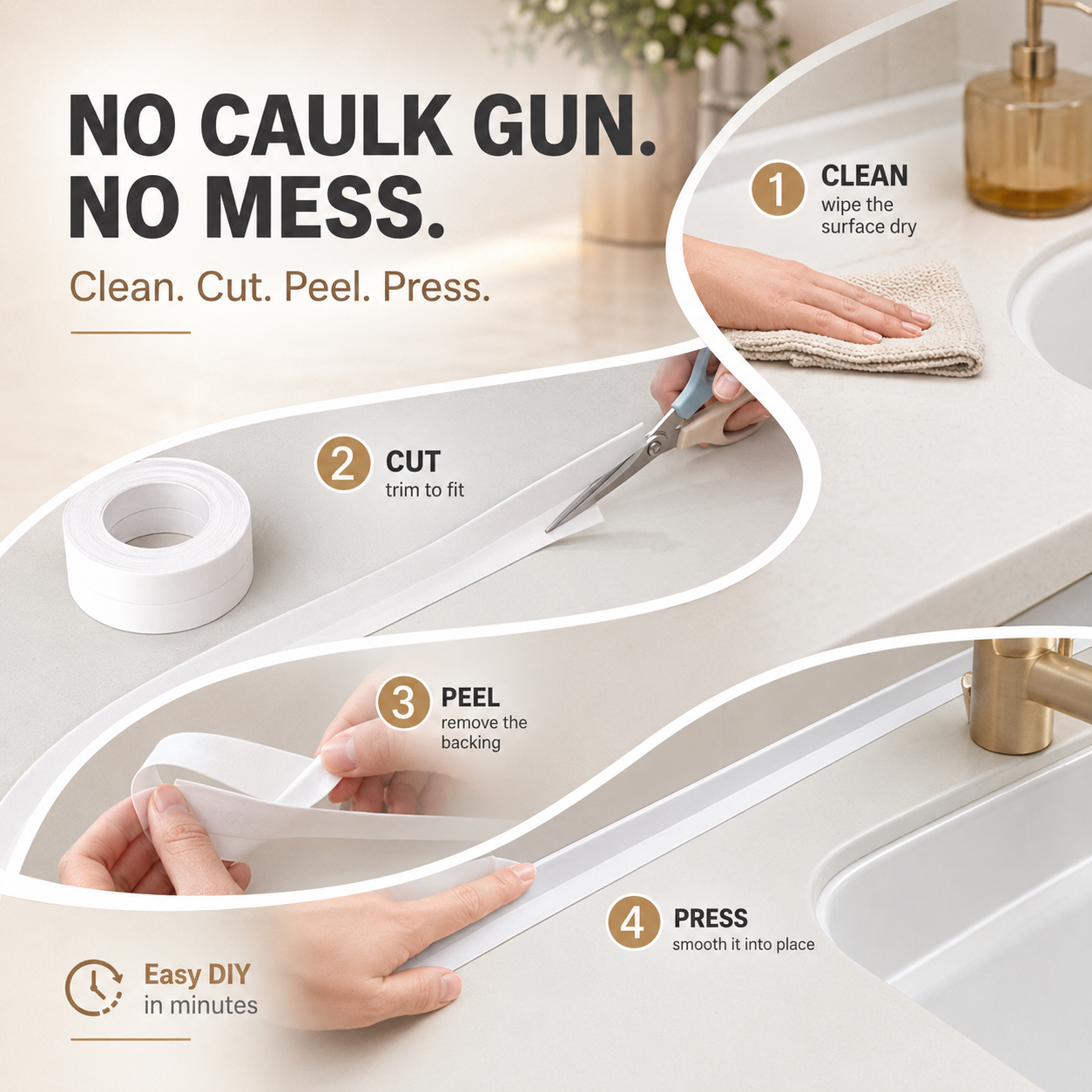 💧 Waterproof Peel & Stick Caulk Tape – Instant Bathroom & Kitchen Edge Refresh