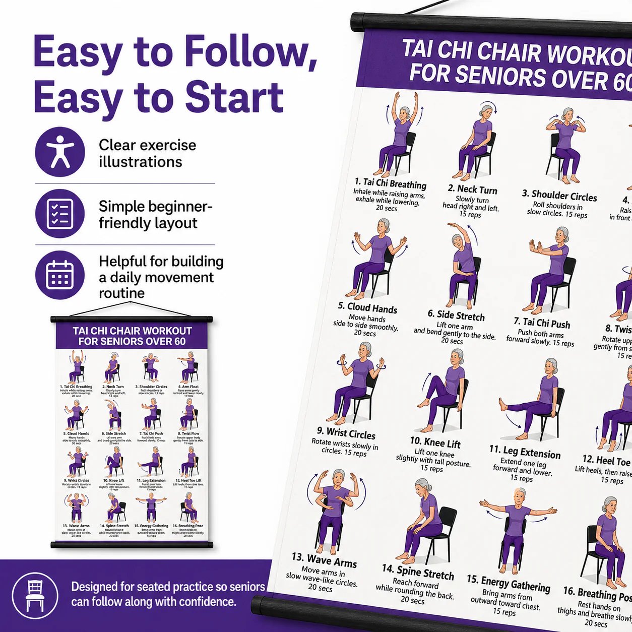 Tai Chi Chair Workout Chart for Seniors (16 x 24 inches)