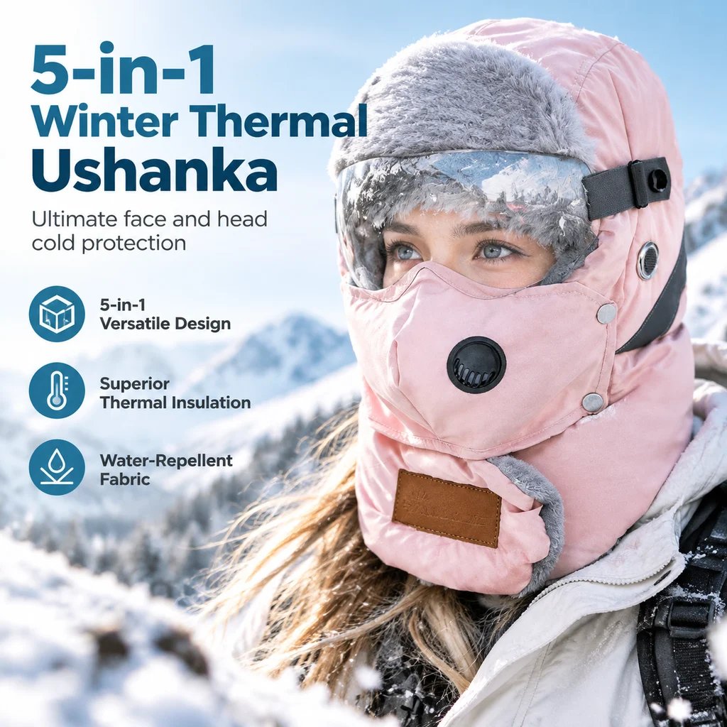 Winter thermal ushanka hat with detachable mask and goggles, product view 1