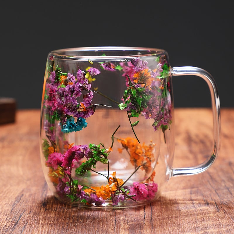🎄🌸Transparent Double Glass Flower Tea Cup 350 ml