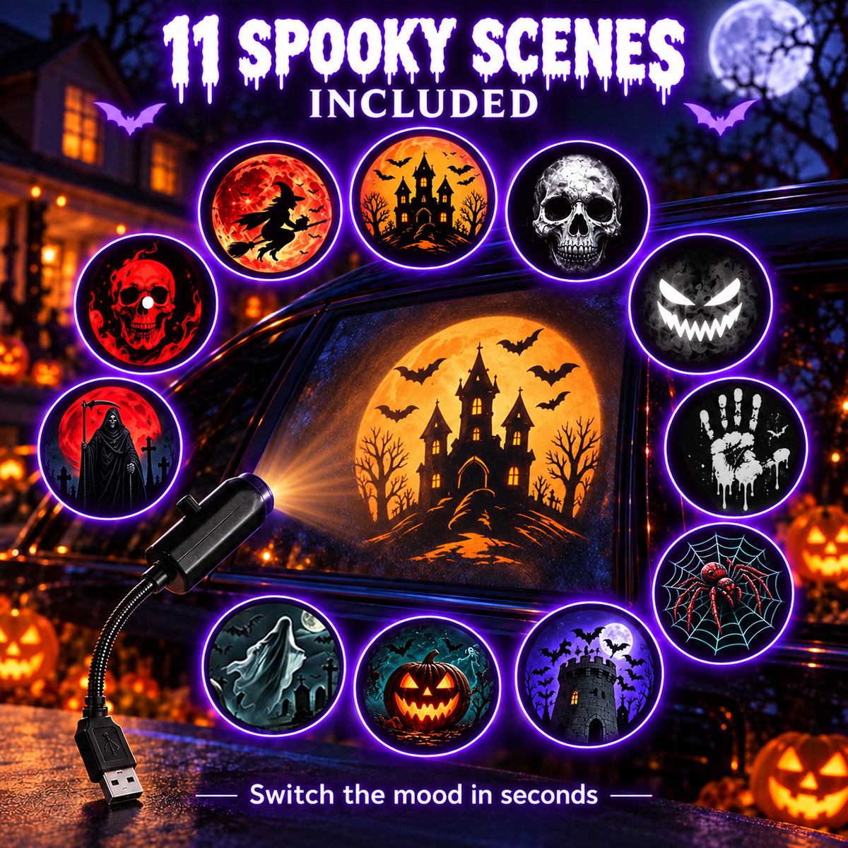 🎃 Halloween Window Projector ✨ 11 Spooky Films USB Powered Holiday Decor