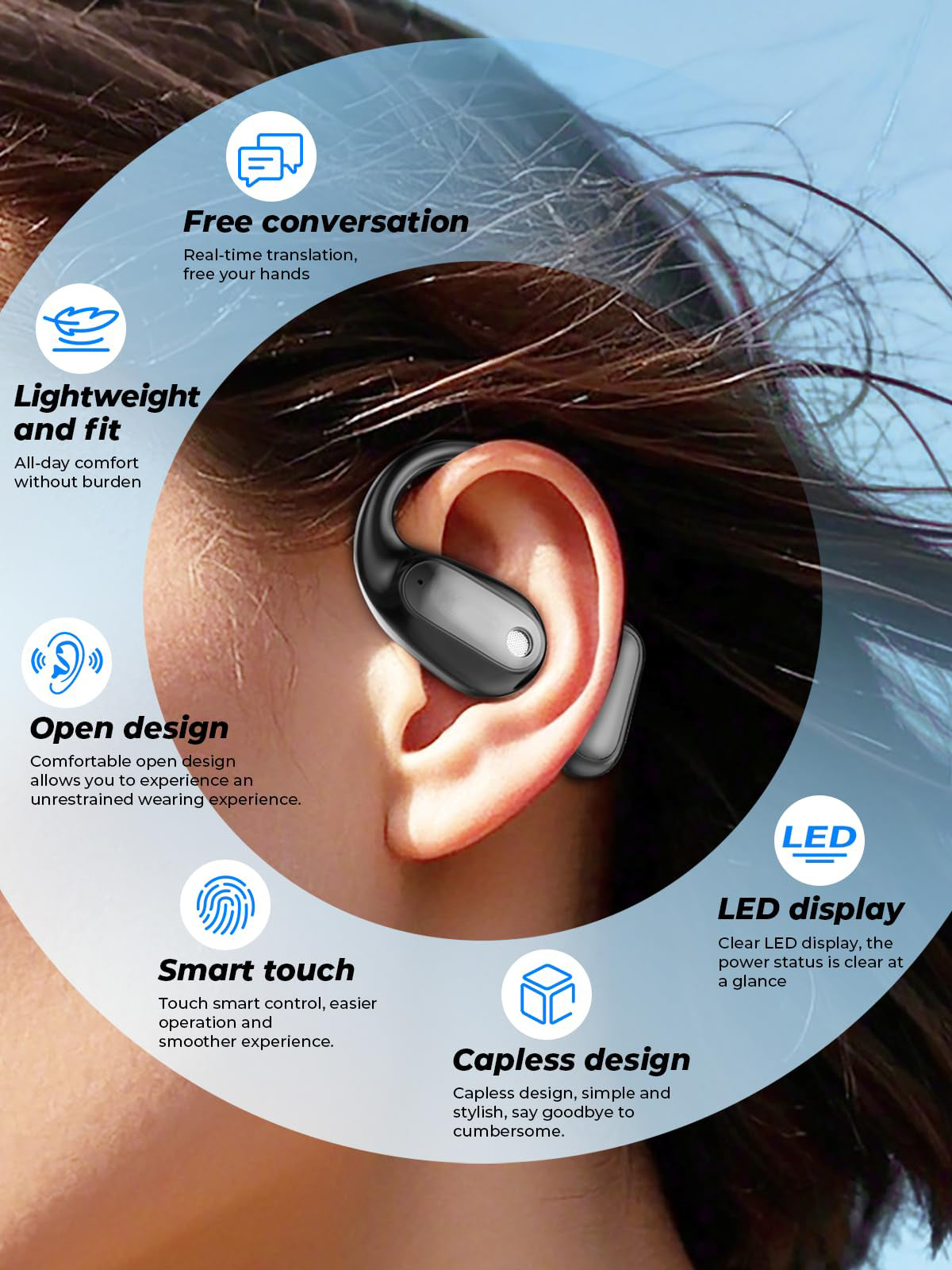 Wireless Bluetooth Earphones – Long Battery, Call & Music, LED Display, AI Translation