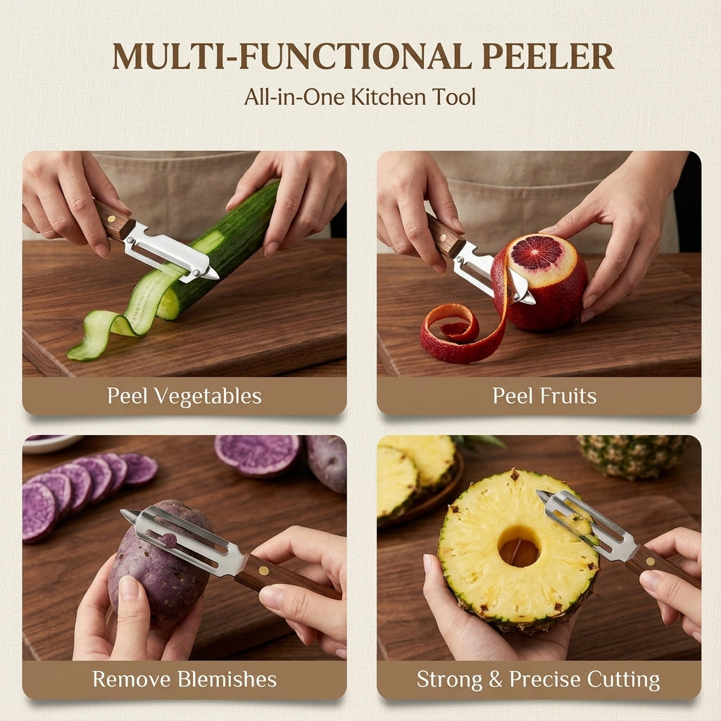 Ultra-Sharp Stainless Steel Peeler with Wooden Grip & Bottle Opener