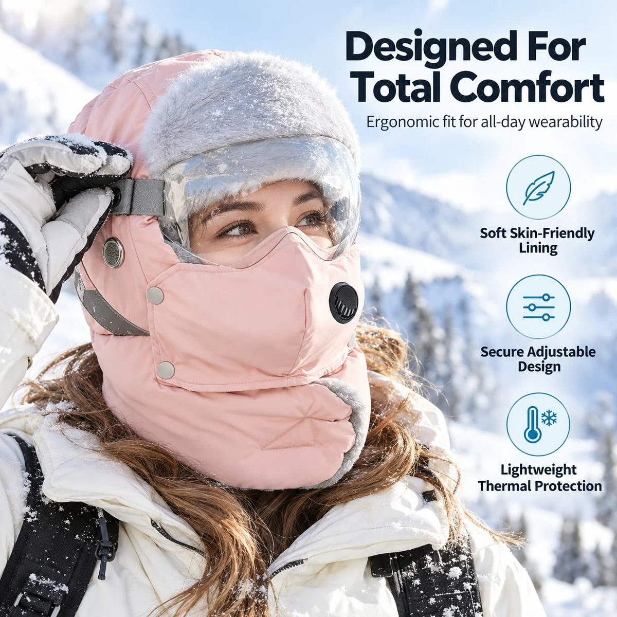 Winter thermal ushanka hat with detachable mask and goggles, product view 6