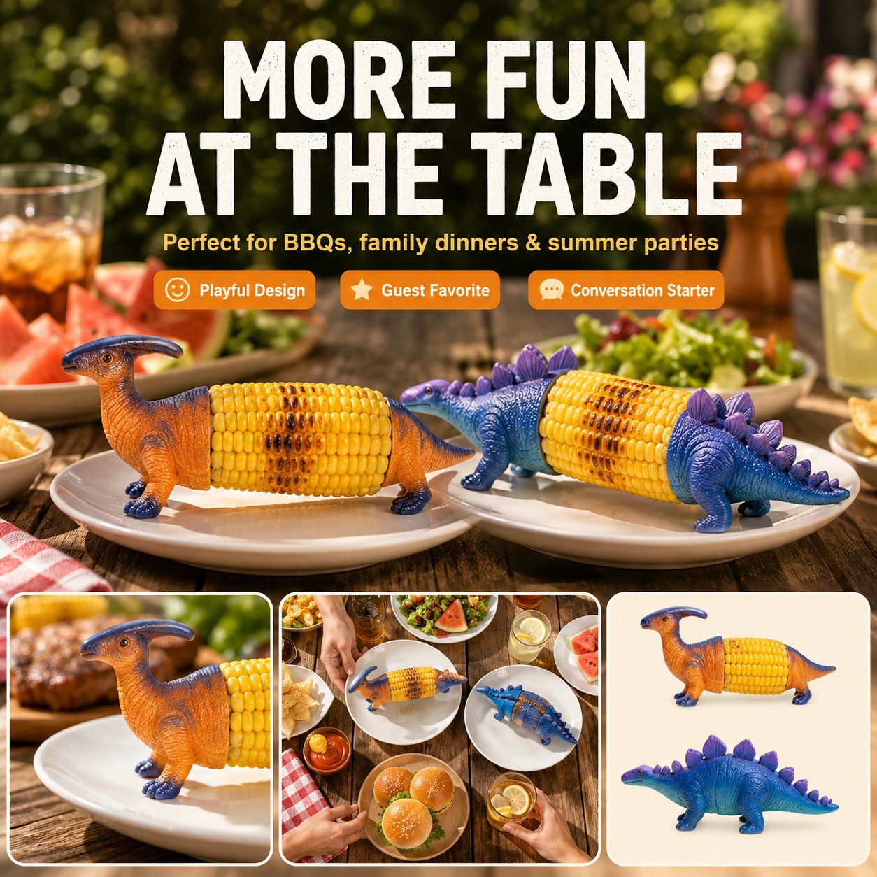 Dinosaur Corn Cob Holders with Stainless Steel Prongs