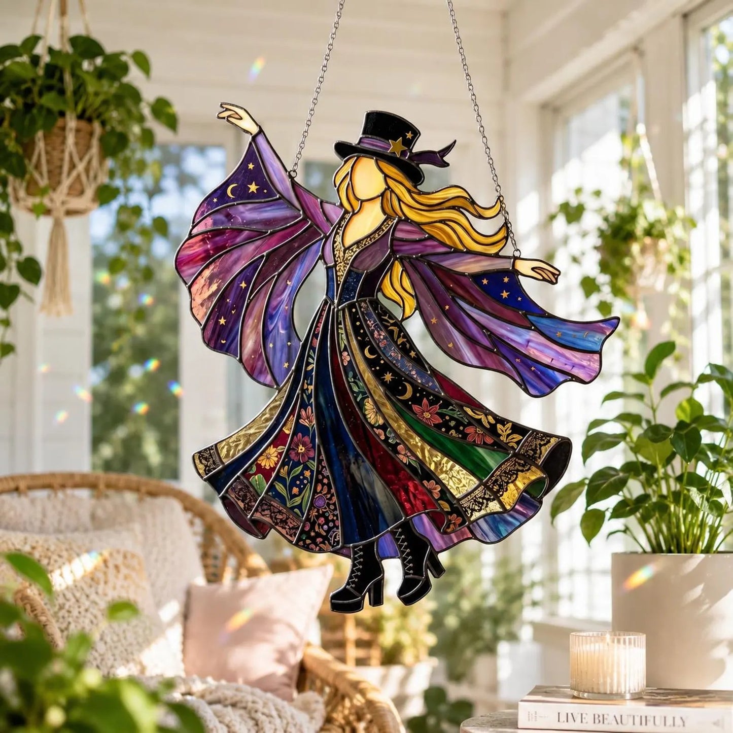 💃 70s Rock Witch🤘 Handmade Stained Glass Spinning Suncatcher
