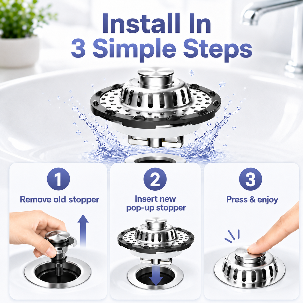 3-in-1 Pop-Up Sink Stopper – Hair Catcher, Drain Protector & Water Stopper