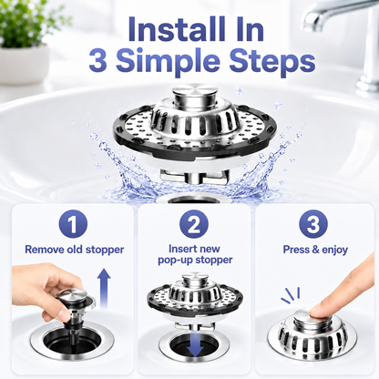 3-in-1 Pop-Up Sink Stopper – Hair Catcher, Drain Protector & Water Stopper