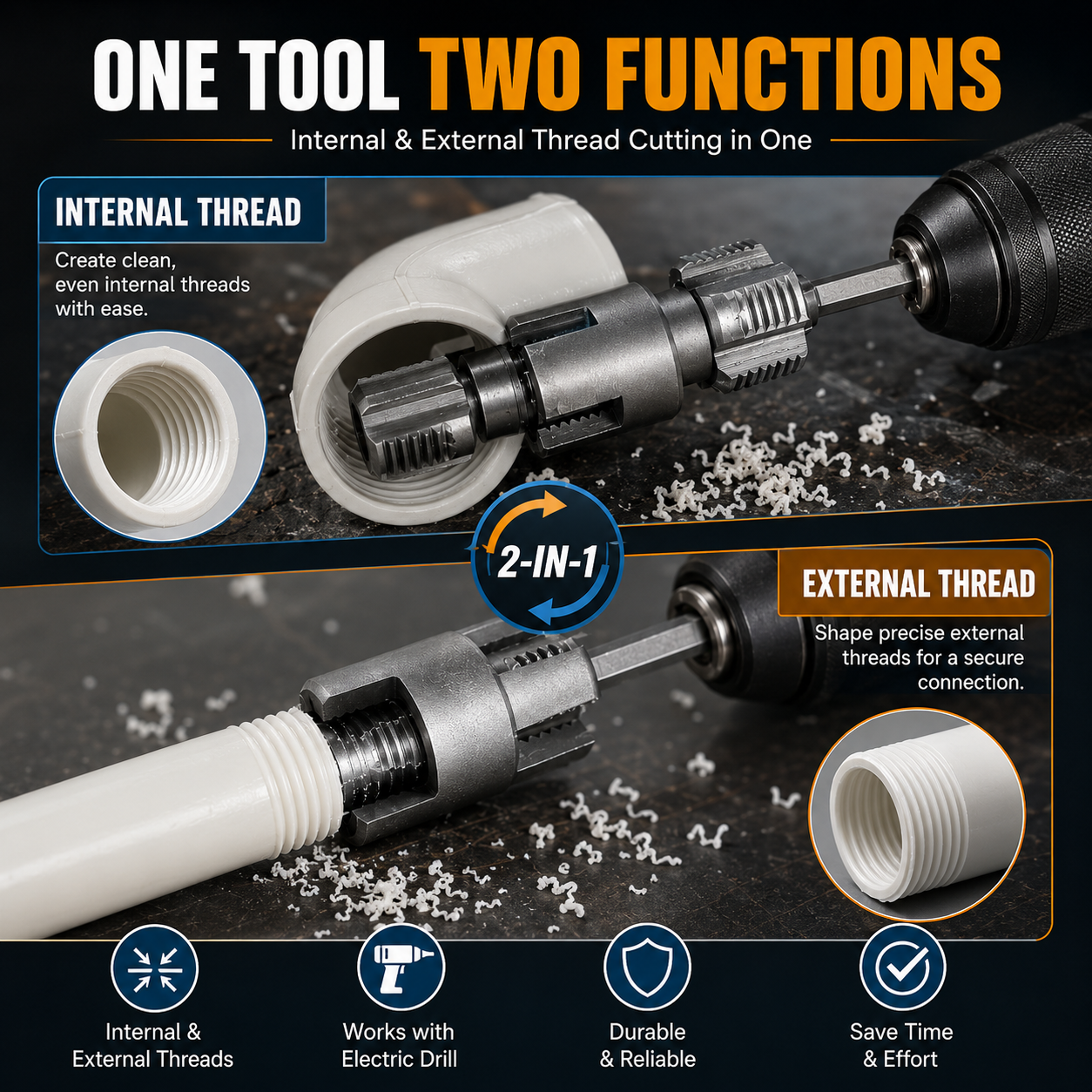 Drill-Powered Pipe Thread Cutting Bit