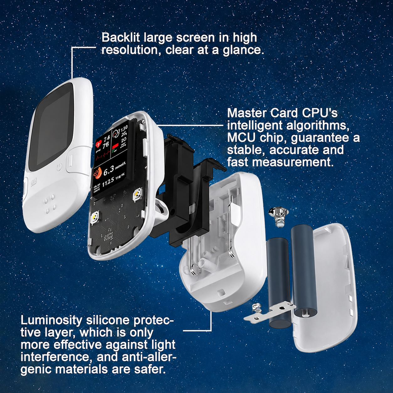 Exploded view of compact wellness monitor with color display