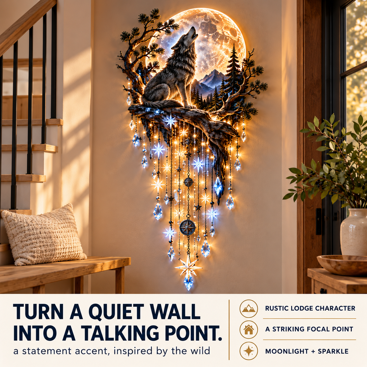 🐺🌕 Wolf Howling Moon Starfall Wall Light – Bring the Wild Home - 31.5- Inch