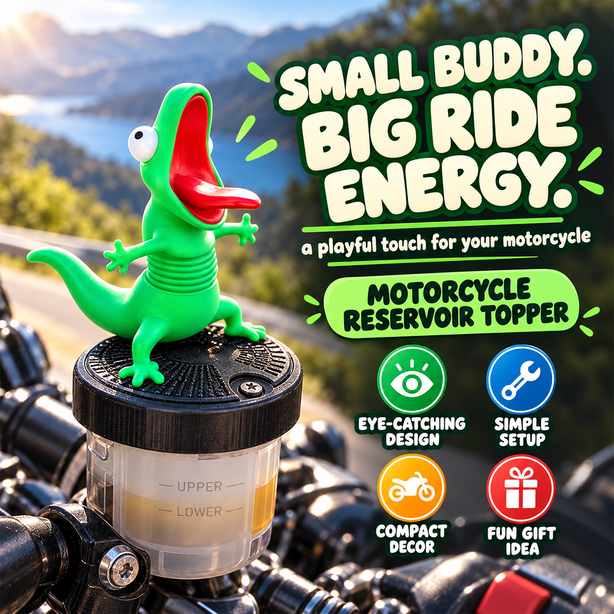 🦎 Funny Green Gecko Figurine – Playful Motorcycle & Desktop Decor