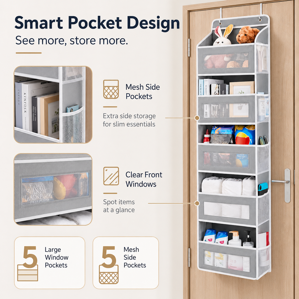 5-Tier Over-the-Door Organizer – Extra Side Mesh Pockets for More Storage 🚪