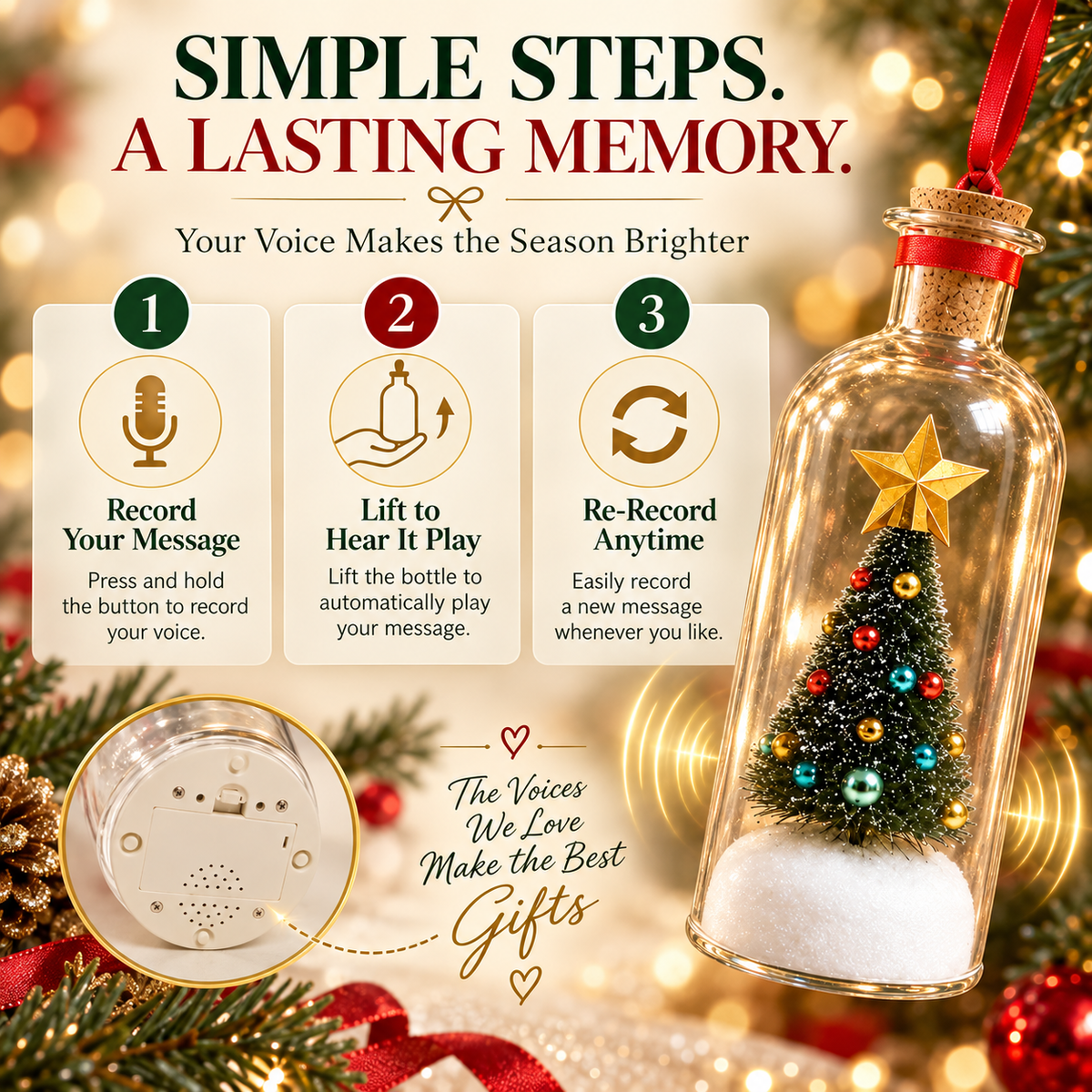 🎄 Recordable Glass Bottle Christmas Ornament, 8in Voice Recording Keepsake, Snowy Tree Scene