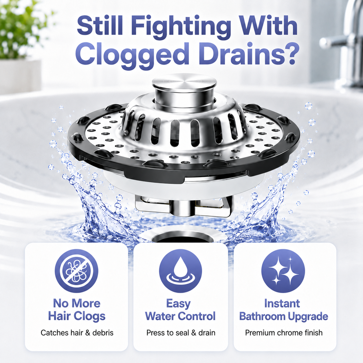 3-in-1 Pop-Up Sink Stopper – Hair Catcher, Drain Protector & Water Stopper