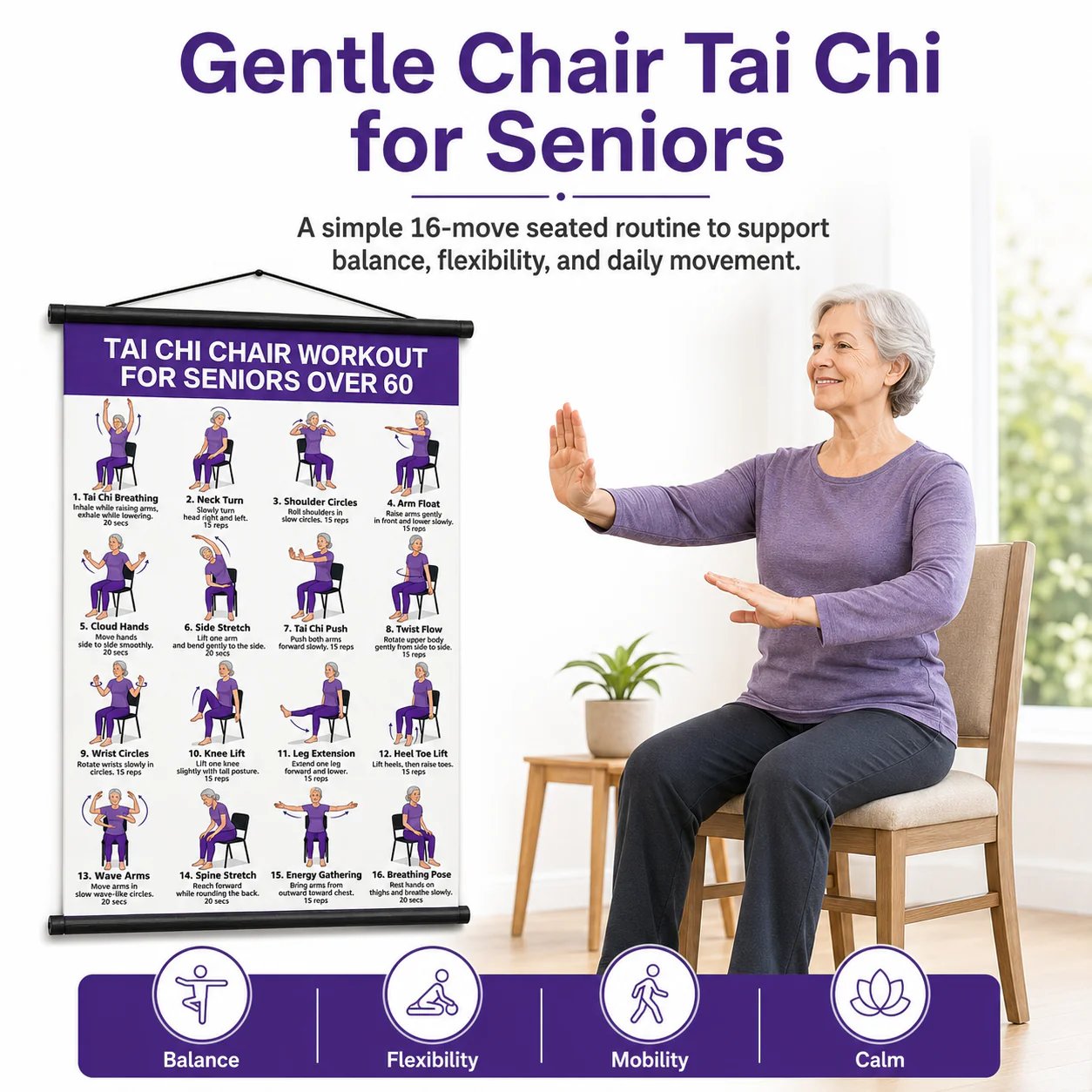 Tai Chi Chair Workout Chart for Seniors (16 x 24 inches)