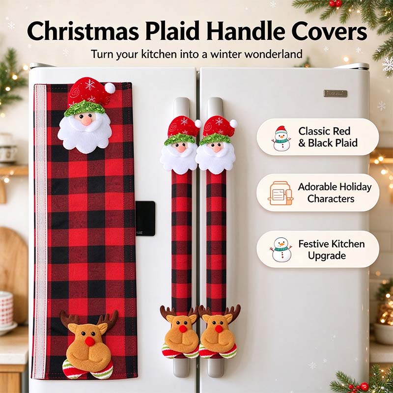 Christmas Refrigerator Handle Covers | Plush Plaid Wraps, product image 1