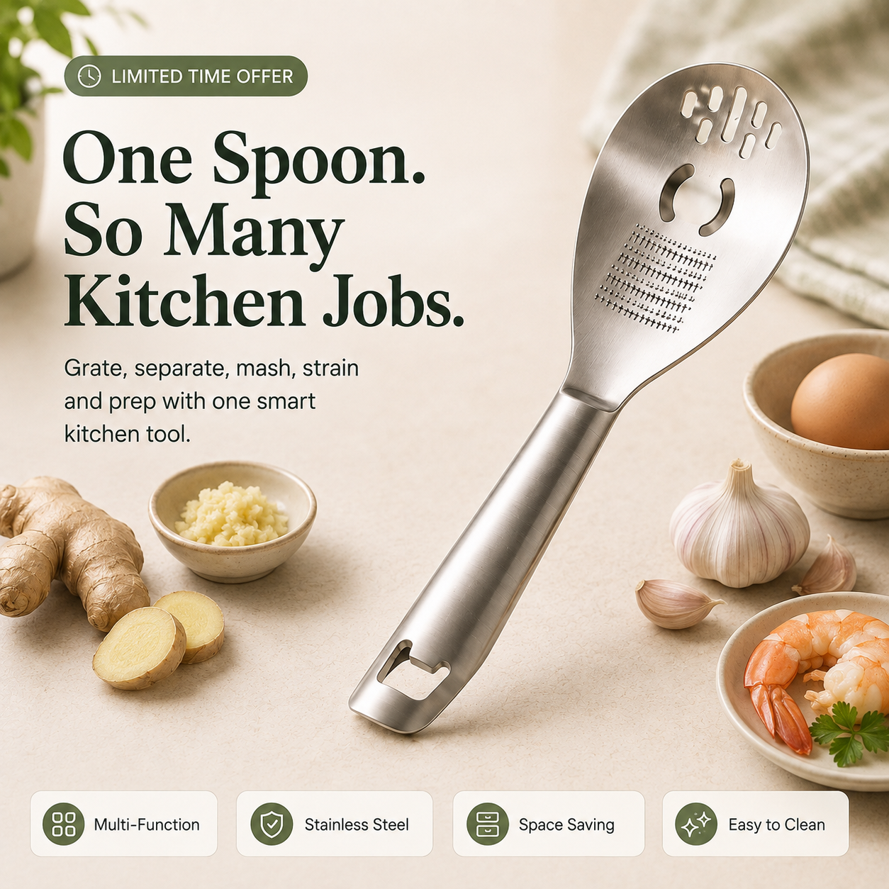 🥄 All-in-One Stainless Steel Kitchen Spoon | Grate, Strain, Mash & More