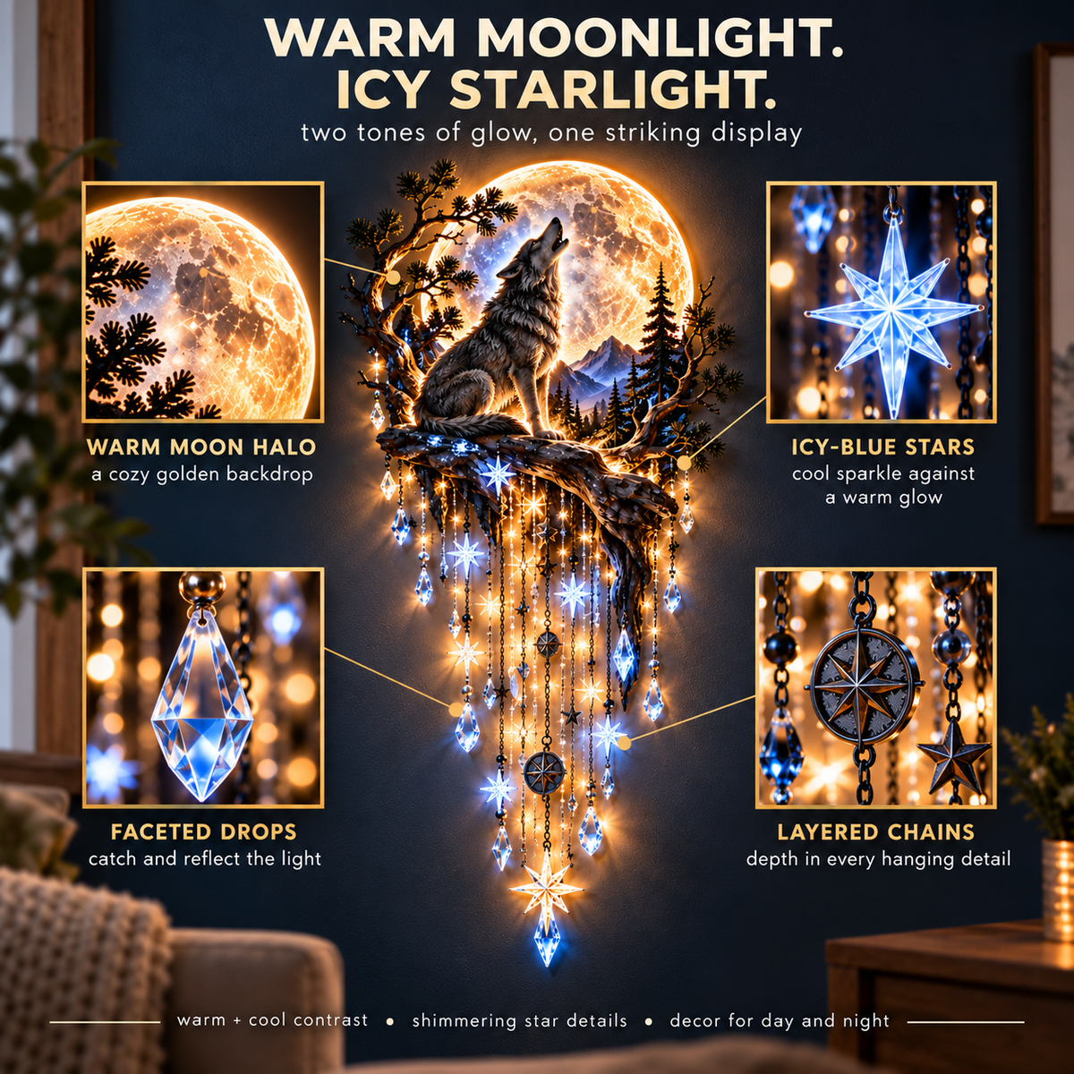 🐺🌕 Wolf Howling Moon Starfall Wall Light – Bring the Wild Home - 31.5- Inch