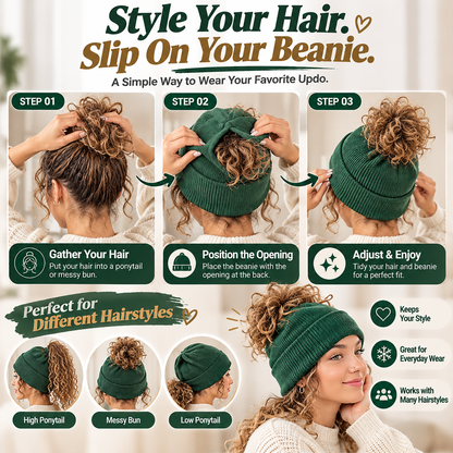 Messy Bun Beanie | Ribbed Knit Hat with Ponytail Opening, product image 5
