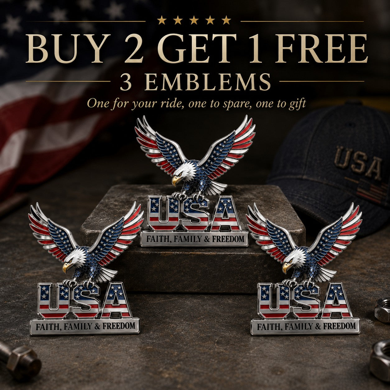 🇺🇸250th Anniversary- ★USA Faith, Family & Freedom★ Metal Emblem