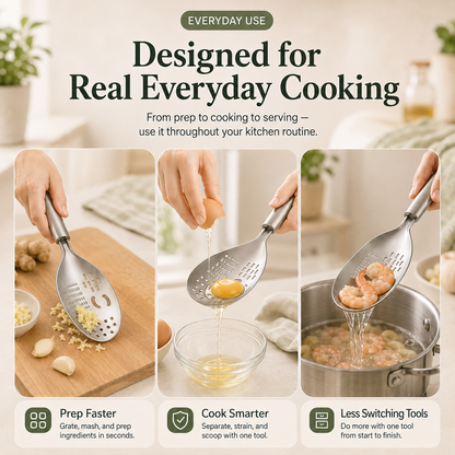 🥄 All-in-One Stainless Steel Kitchen Spoon | Grate, Strain, Mash & More