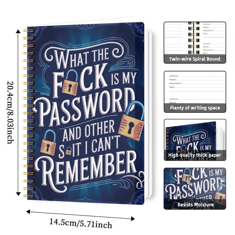 Funny Password Notebook - Spiral Bound with Lock Icons & Funny Security Phrases