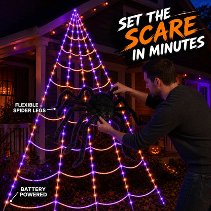 250-LED Purple & Orange Spider Web Lights with Giant Furry Spider