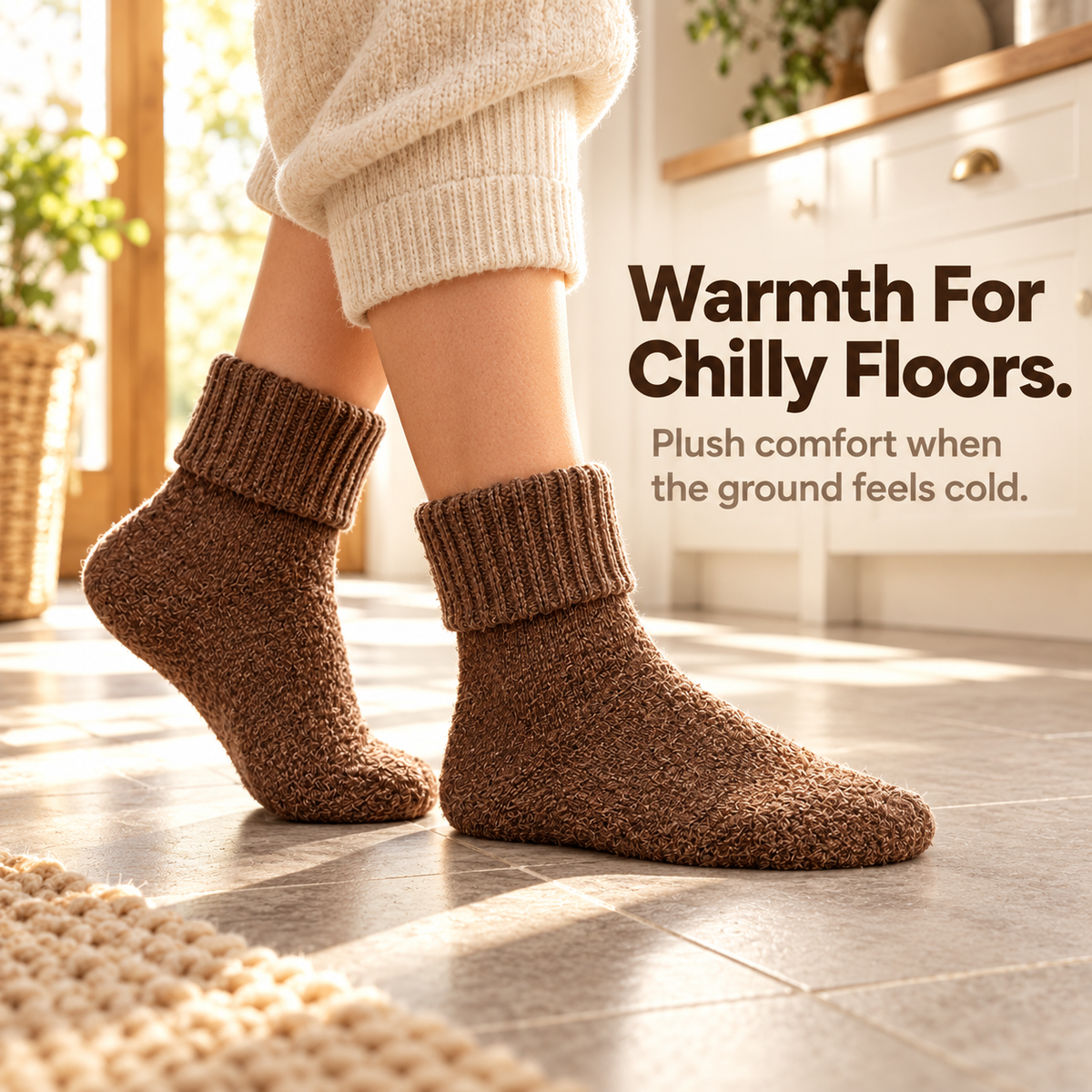 Fleece Lined Ribbed Crew Socks, Cozy Warm
