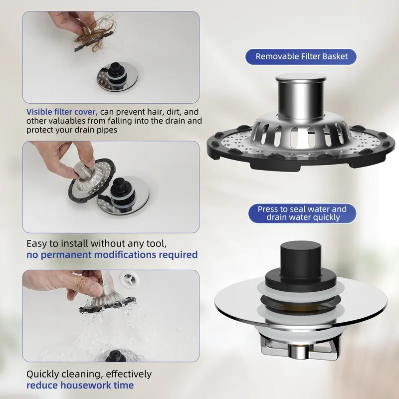 3-in-1 Pop-Up Sink Stopper – Hair Catcher, Drain Protector & Water Stopper
