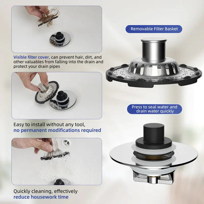 3-in-1 Pop-Up Sink Stopper – Hair Catcher, Drain Protector & Water Stopper