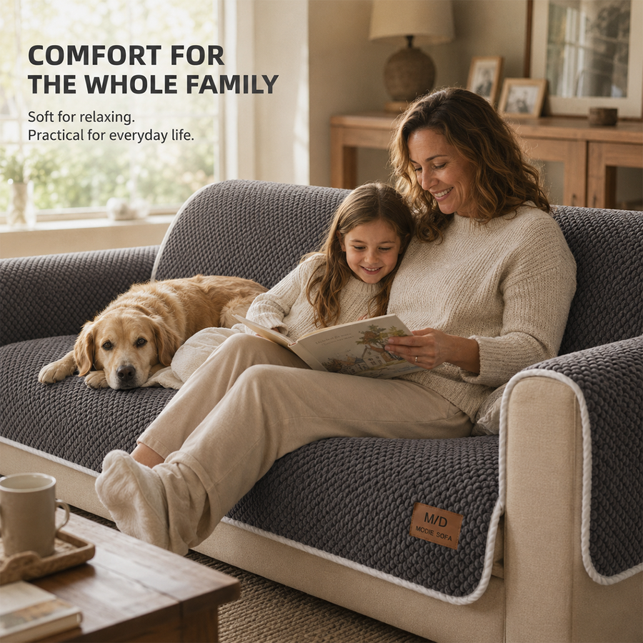 Family relaxing on removable sofa cover