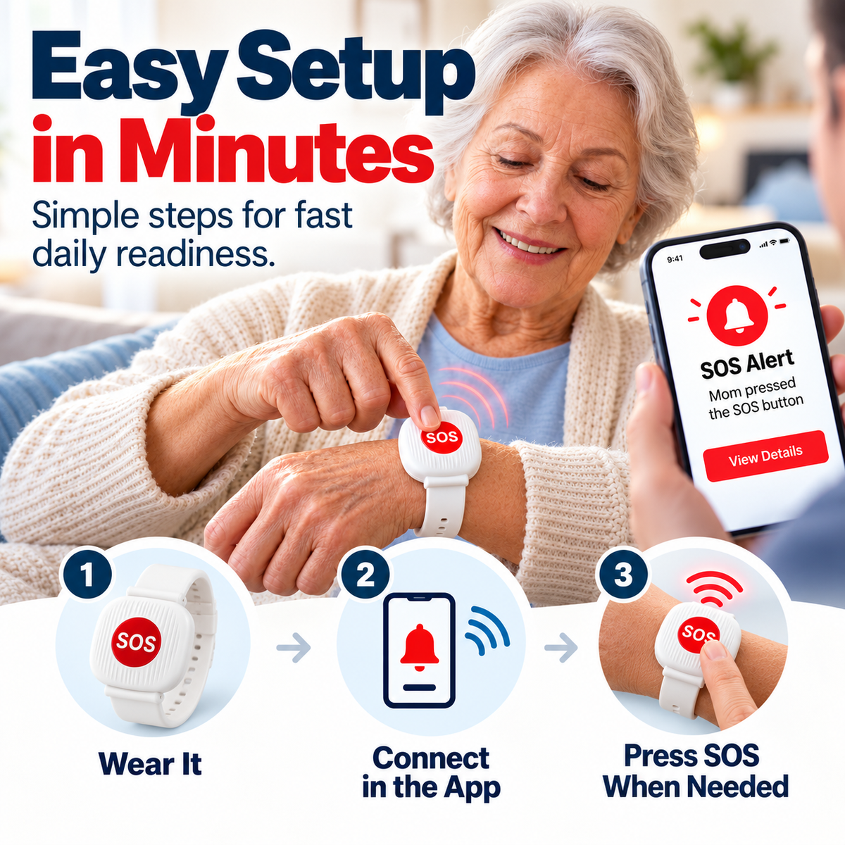 Emergency bracelet with SOS button for the elderly